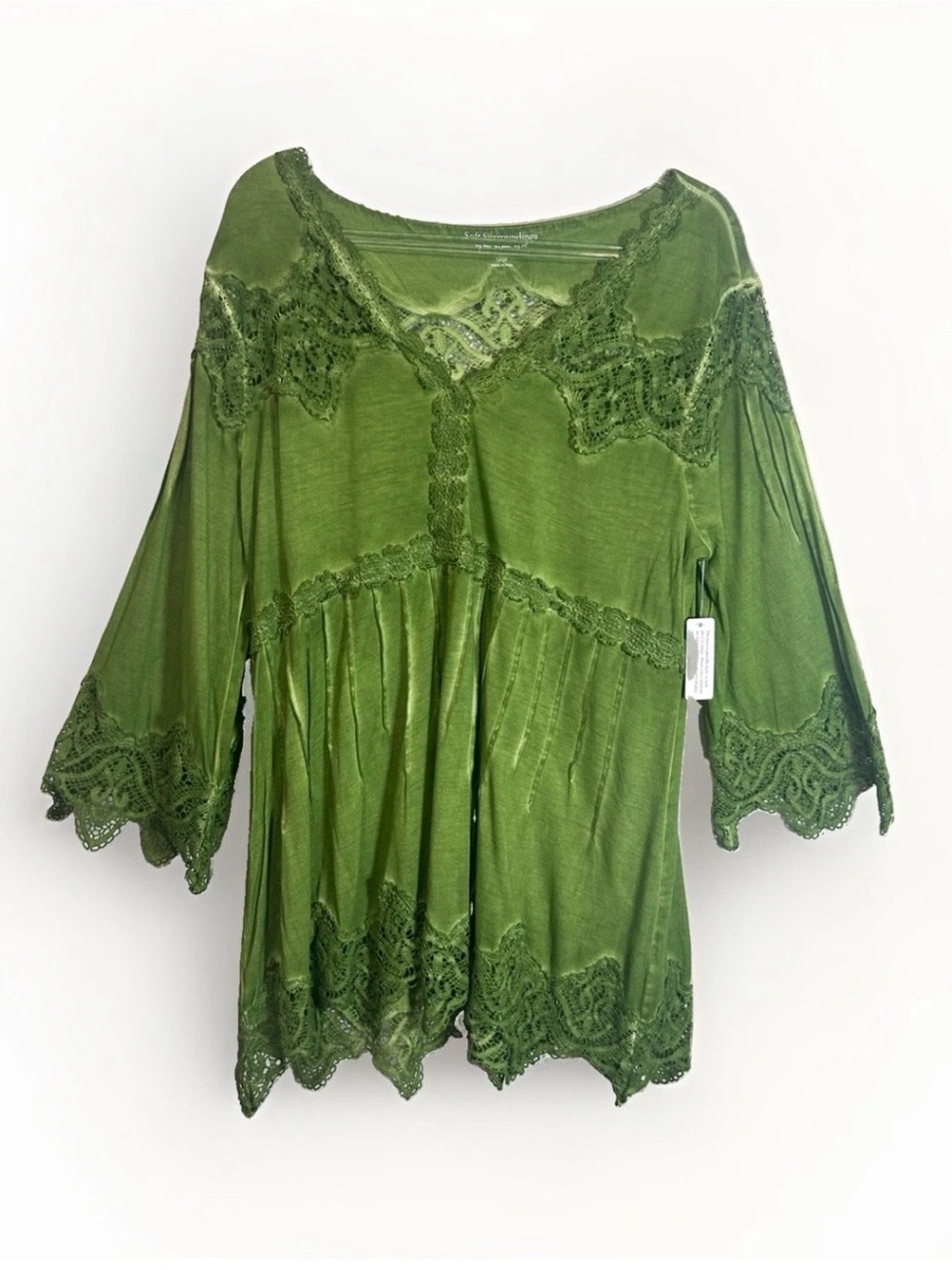 NEW Soft Surroundings Crochet Lace Tunic Top Women L Green Boho Fairy Grunge